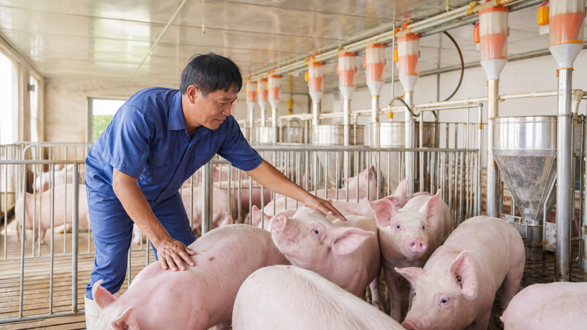 Người chăn nuôi kiểm tra đàn vật nuôi trong chuồng trại sạch sẽ