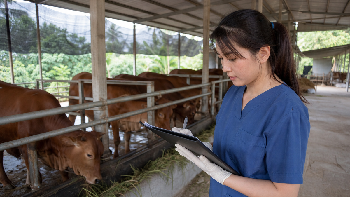Nhân viên thú y kiểm tra hồ sơ tiêm phòng tại trang trại đạt chuẩn