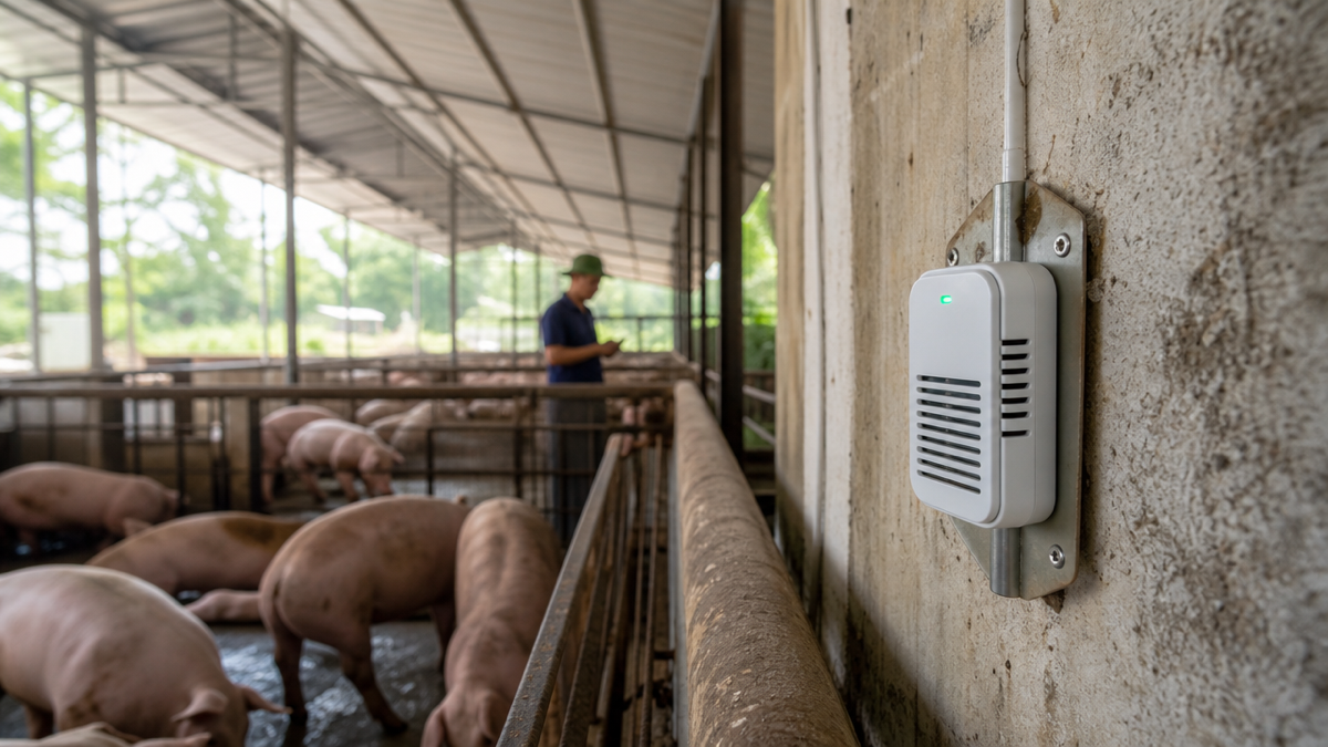 Cảm biến IoT gắn trong chuồng đo nhiệt độ và độ ẩm liên tục