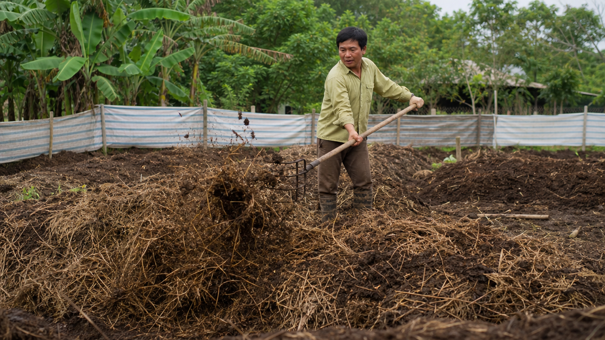 Công nhân ủ phân hữu cơ từ chất thải chăn nuôi trong khu xử lý của trang trại