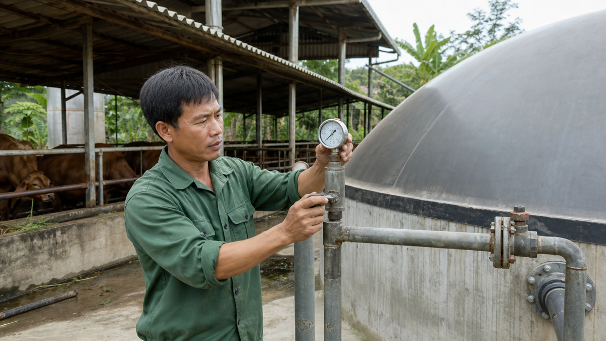 Người chăn nuôi kiểm tra van và đồng hồ áp suất của hầm biogas trong trang trại