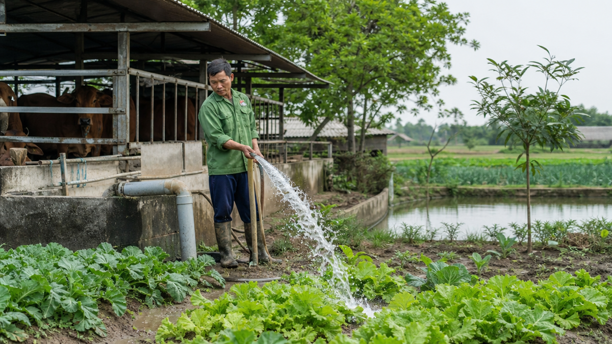 Trang trại chăn nuôi kết hợp trồng trọt sử dụng nước thải đã xử lý để tưới cây