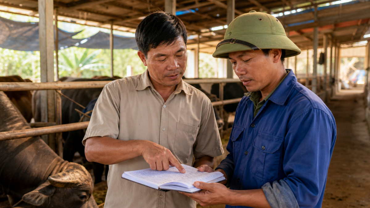 Chủ trang trại xem lại sổ ghi chép chăn nuôi cùng nhân viên trong chuồng nuôi