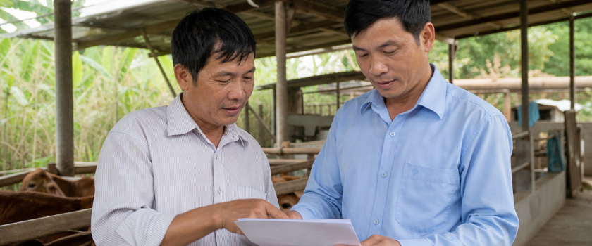 Chủ trang trại trao đổi với cán bộ khuyến nông về chính sách hỗ trợ chăn nuôi