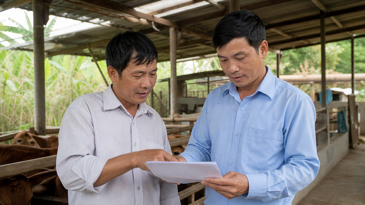 Chủ trang trại trao đổi với cán bộ khuyến nông về chính sách hỗ trợ chăn nuôi