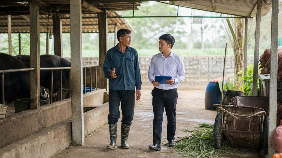Chủ trang trại và cán bộ khuyến nông cùng kiểm tra chuồng trại đã đầu tư công nghệ