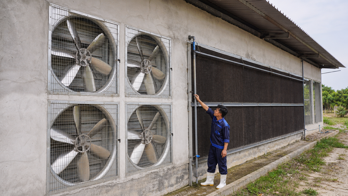 Quạt hút công nghiệp và tấm làm mát lắp ở đầu chuồng trại chăn nuôi