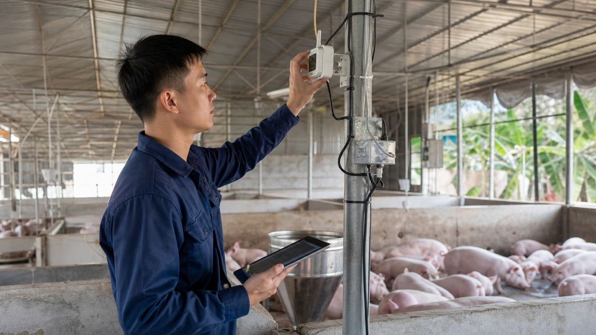 Kỹ thuật viên lắp đặt và kiểm tra hệ thống cảm biến IoT trong trang trại