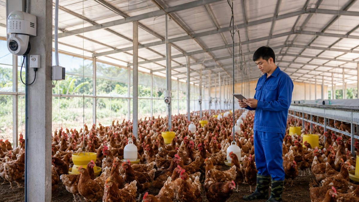 Đàn gia cầm khoẻ mạnh trong trang trại đã lắp đặt hệ thống IoT giám sát