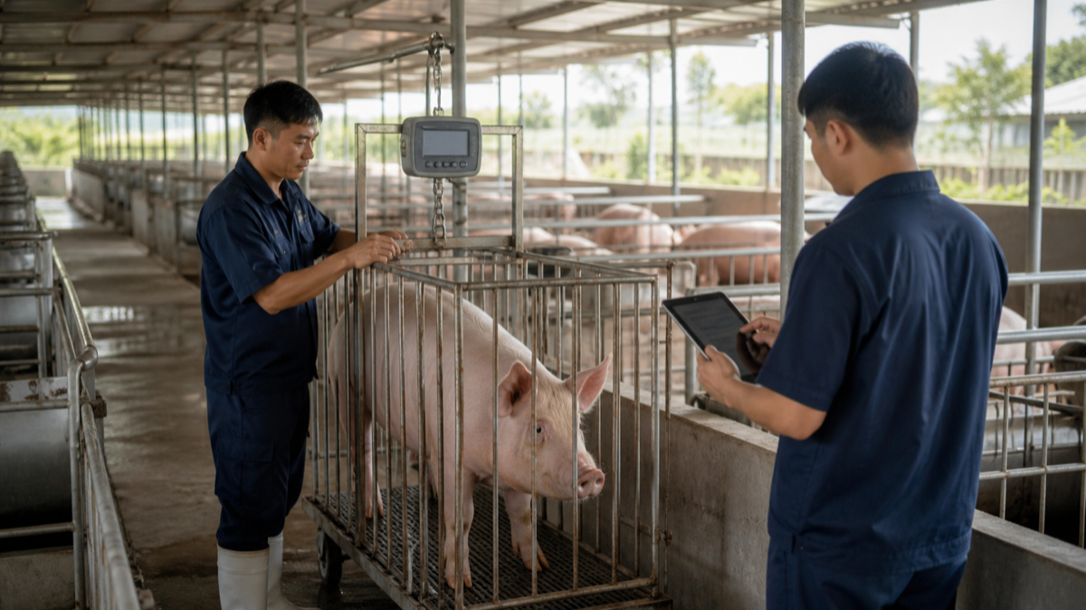 Nhân viên trang trại cân mẫu lợn và ghi nhận kết quả cho từng lứa
