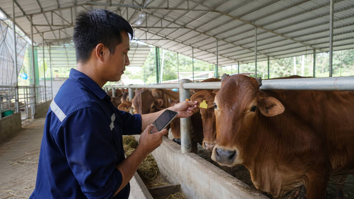 Nhân viên trang trại kiểm tra mã nhận diện của từng con vật