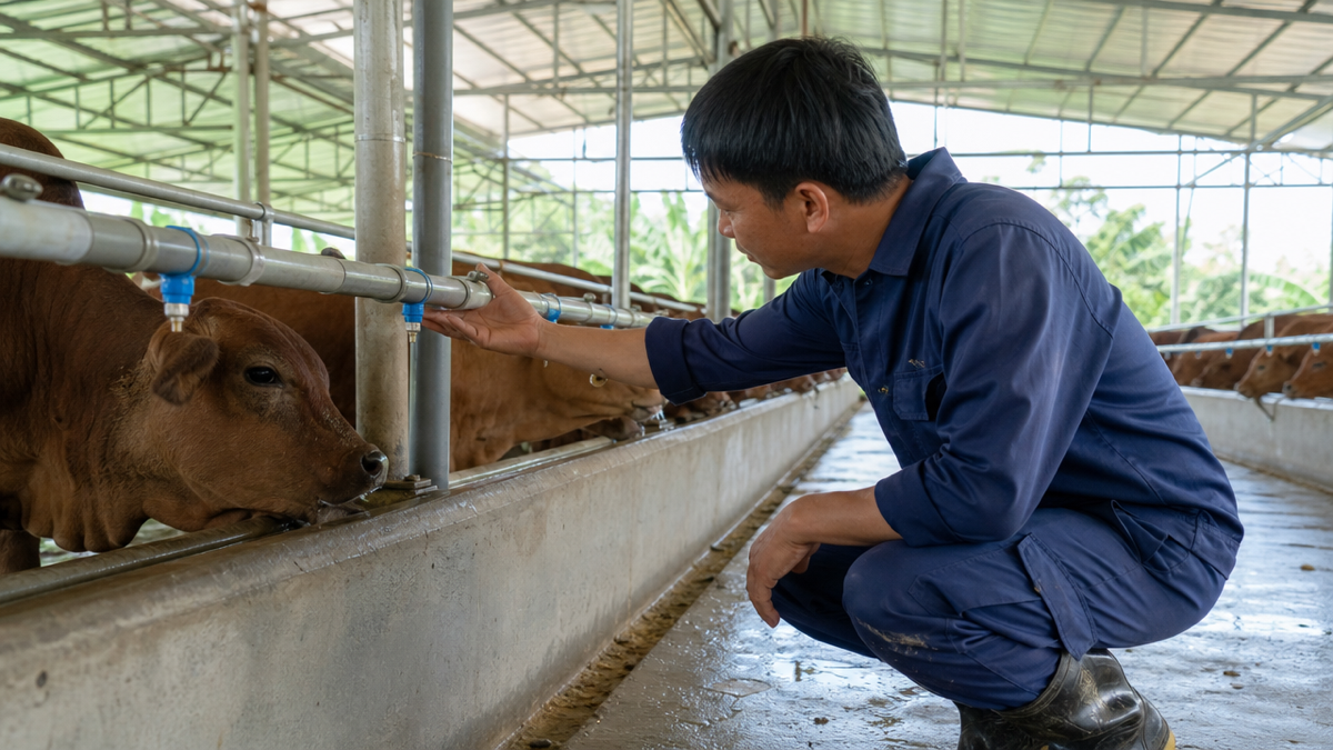 Nhân viên kiểm tra hệ thống nước uống trong khu chuồng nuôi