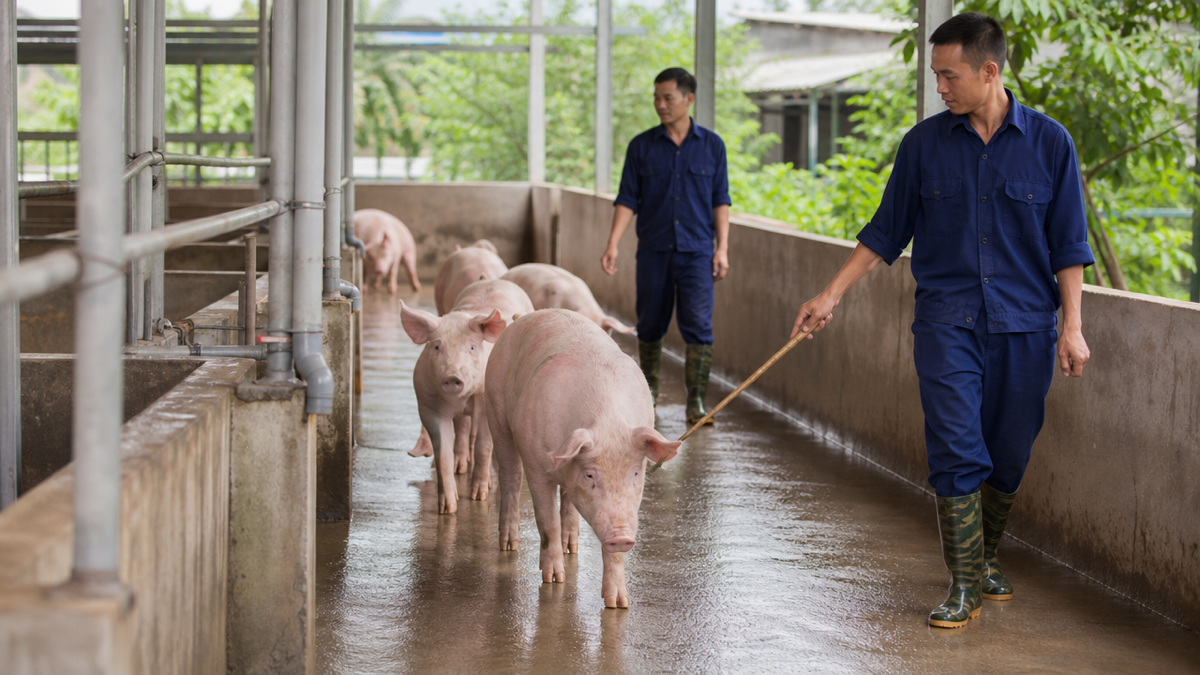 Nhân viên di chuyển đàn vật nuôi bình tĩnh qua lối đi an toàn