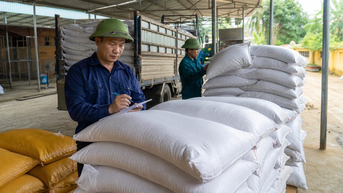Nhân viên kiểm đếm và kiểm tra bao thức ăn khi nhập kho