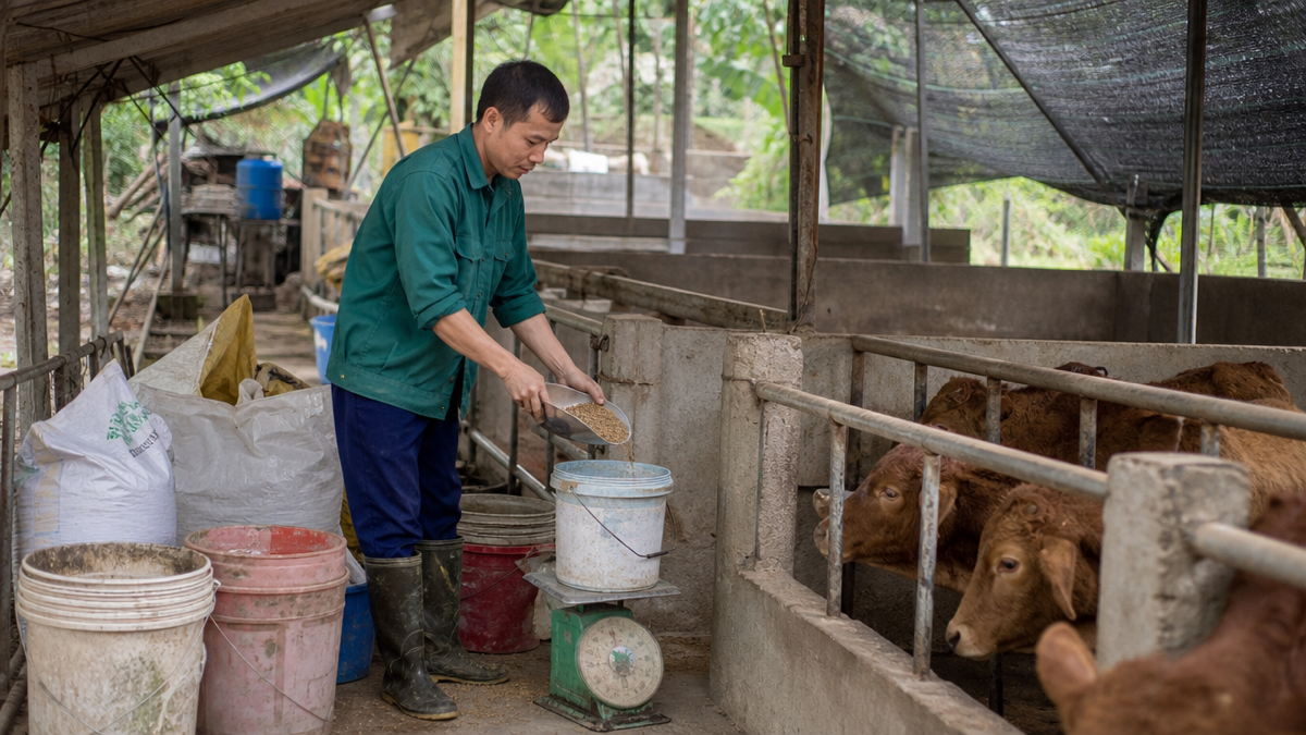 Nhân viên cân thức ăn và giao đúng cho từng khu chuồng