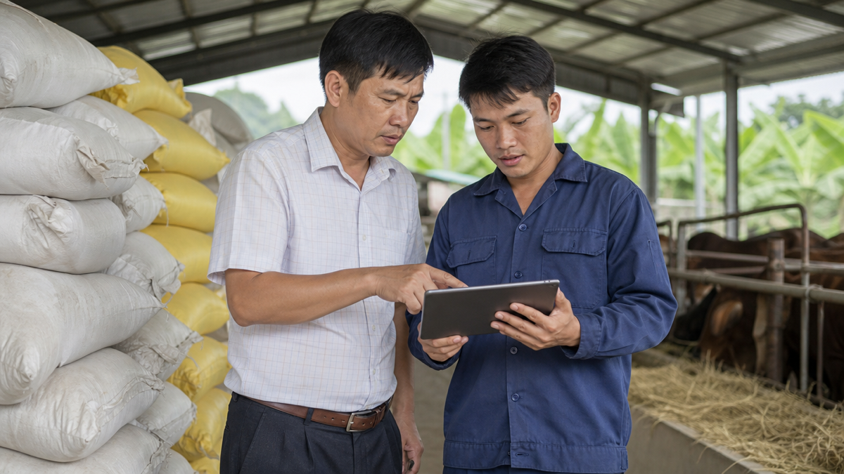 Chủ trang trại và thủ kho đối chiếu báo cáo sử dụng thức ăn