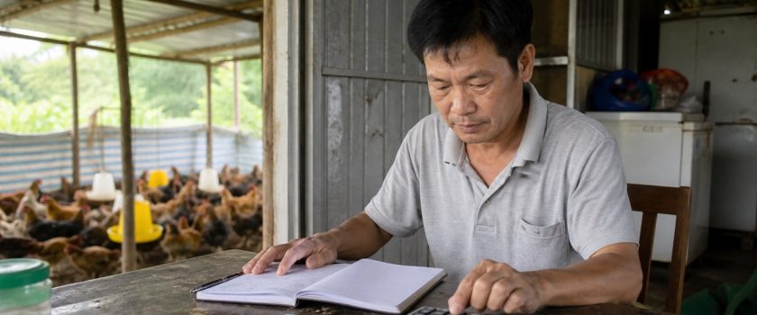 Chủ nuôi quản lý dòng tiền trang trại qua sổ ghi chép và máy tính tại khu làm việc