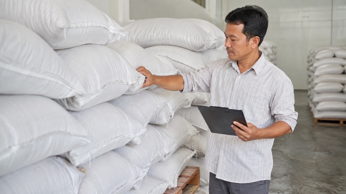 Người quản lý kiểm tra lượng cám trong kho trước khi lập kế hoạch mua hàng