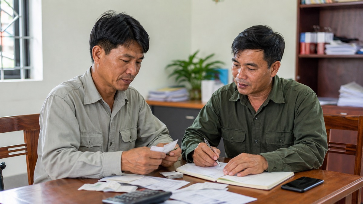 Hai người phụ trách trang trại cùng đối chiếu chứng từ tại bàn làm việc
