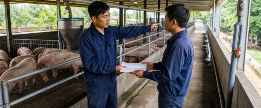 Hai nhân viên bàn giao công việc trang trại tại khu chuồng