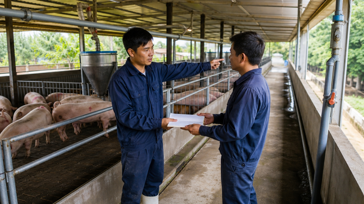 Hai nhân viên bàn giao công việc trang trại tại khu chuồng