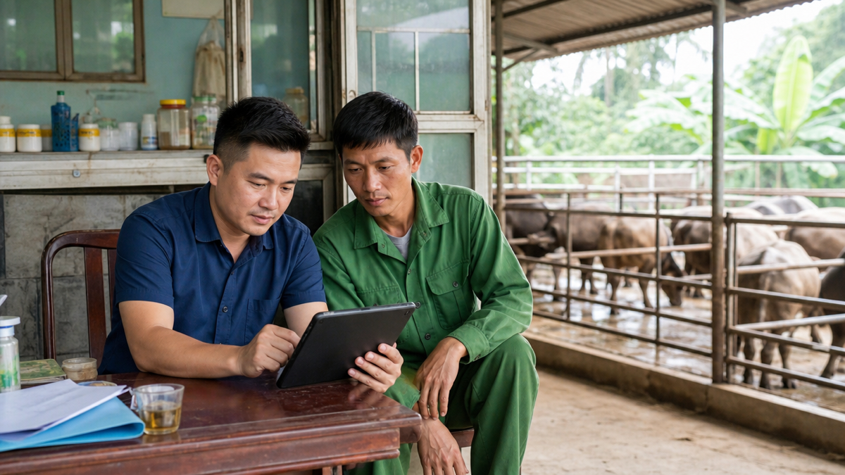 Chủ trại cùng nhân viên rà lại các việc còn tồn trên nhật ký số