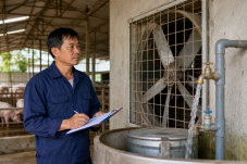 Người quản lý kiểm tra lịch bảo trì thiết bị trang trại tại khu nuôi