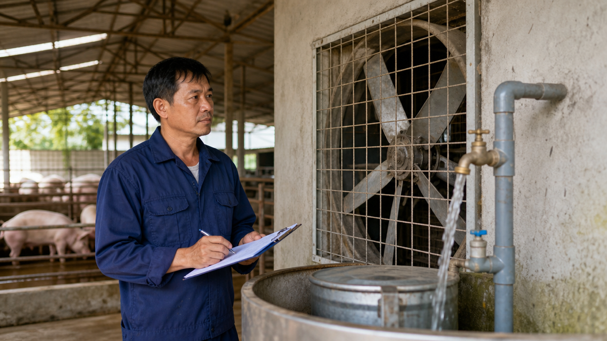 Người quản lý kiểm tra lịch bảo trì thiết bị trang trại tại khu nuôi
