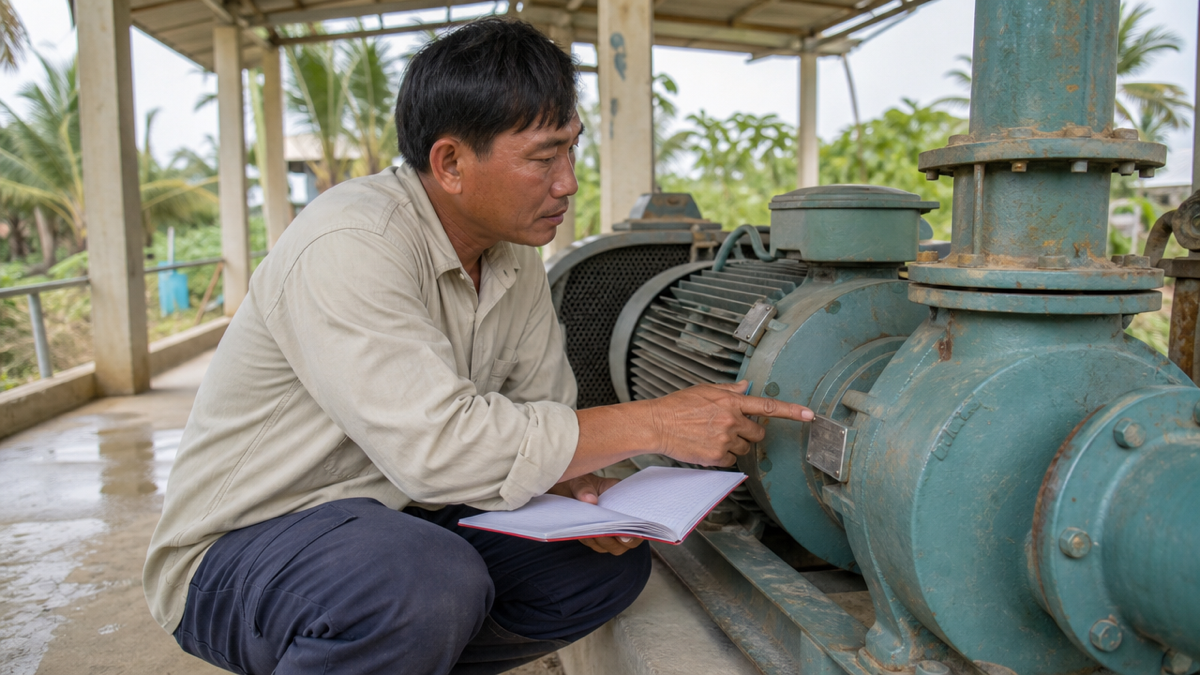 Nhân viên đối chiếu mã máy bơm với hồ sơ thiết bị