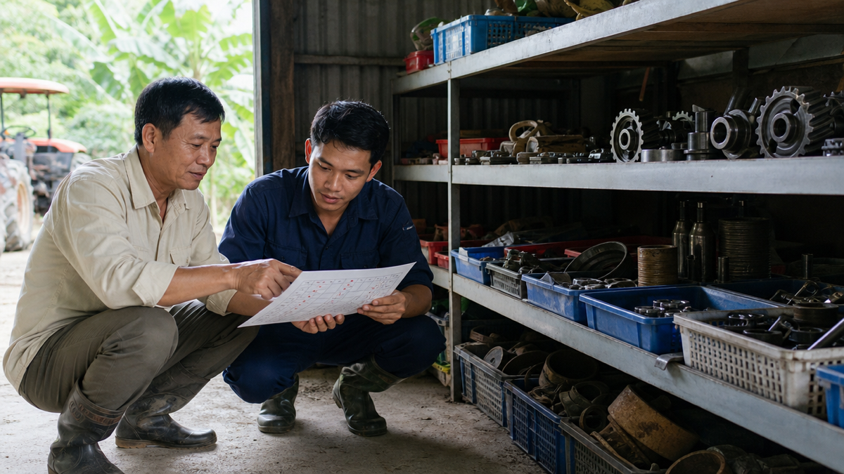 Chủ trang trại rà lịch bảo dưỡng và vật tư dự phòng cùng nhân viên
