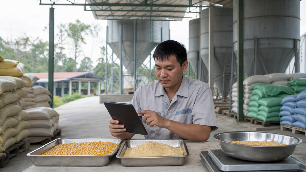 Kỹ thuật viên kiểm tra mẫu nguyên liệu và dữ liệu khẩu phần cho đàn gia cầm. Ảnh minh họa