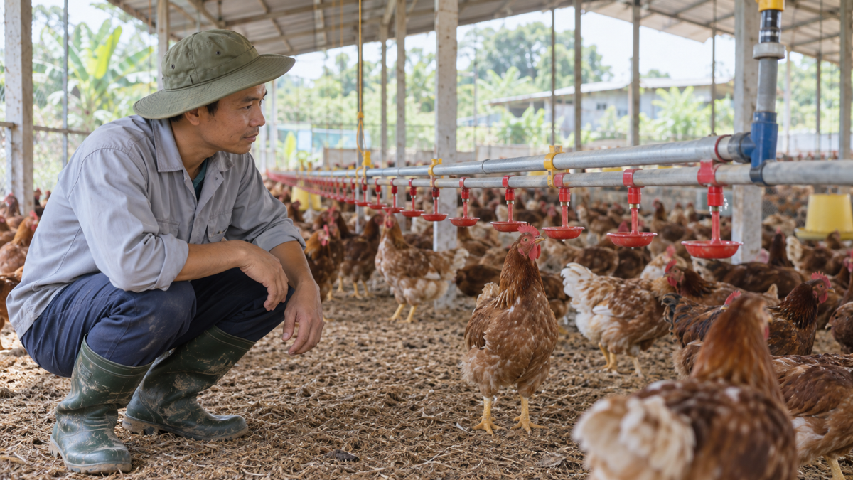 Nhân viên kiểm tra hệ thống nước uống trong chăn nuôi tại chuồng gà