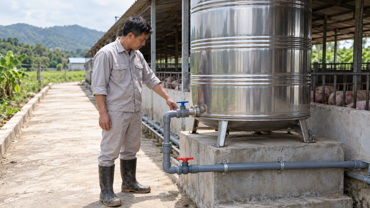 Người quản lý kiểm tra bồn chứa và đường ống cấp nước cho khu chuồng nuôi