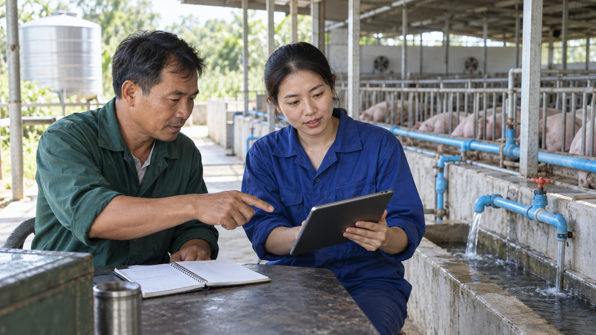 Chủ trại và nhân viên đối chiếu nhật ký nước với kết quả kiểm tra tại chuồng