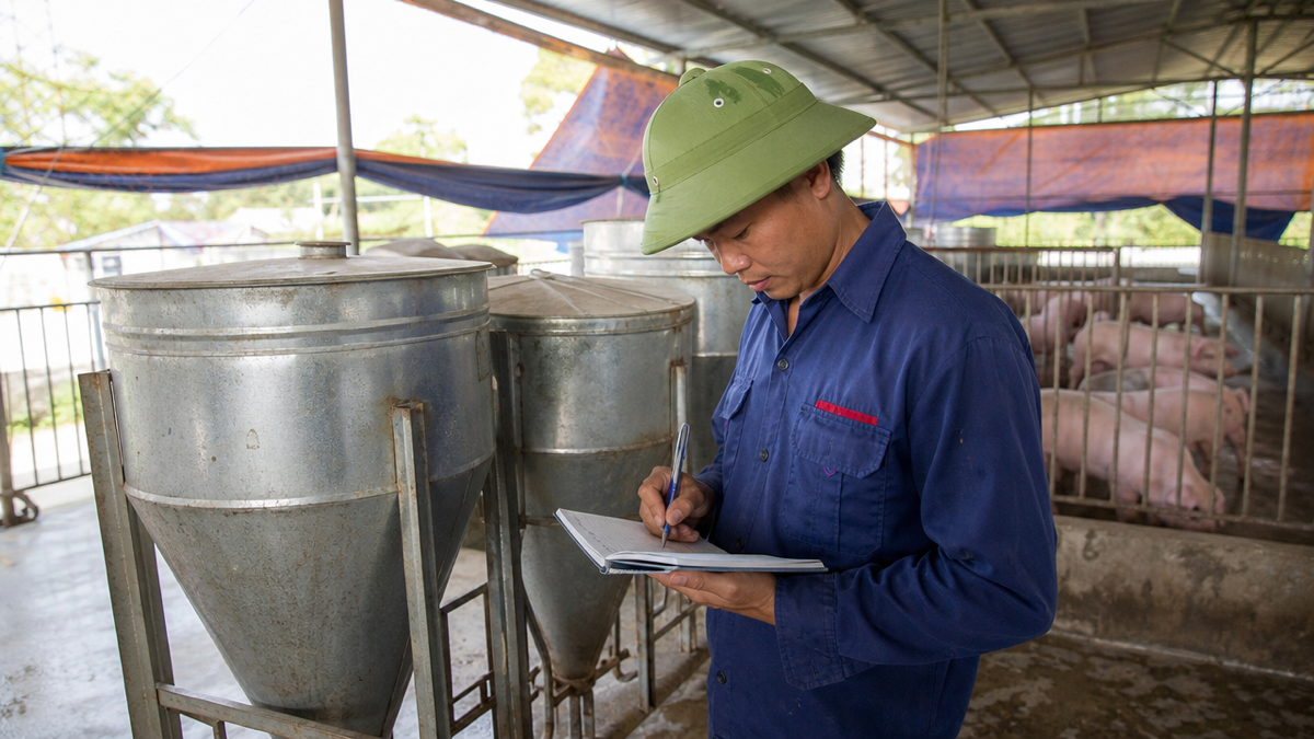 Nhân viên trang trại ghi chép lượng cám tiêu thụ để tính chỉ số FCR trong chăn nuôi