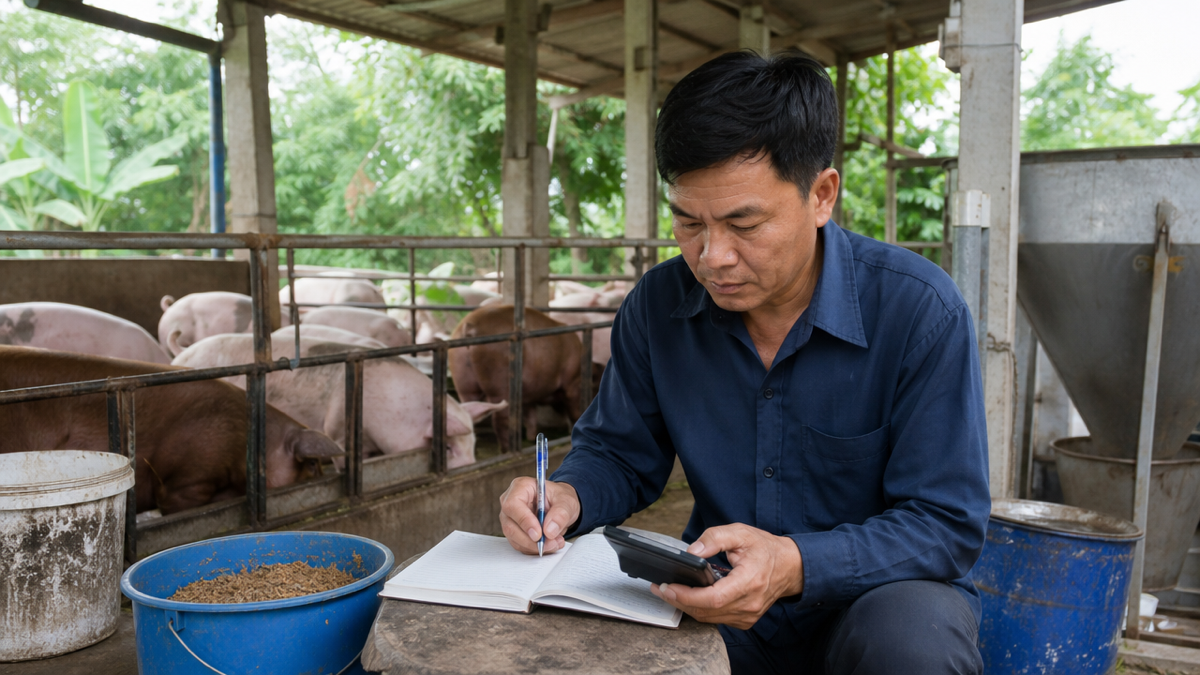 Chủ trang trại so sánh chỉ số FCR giữa các lứa nuôi trên sổ ghi chép