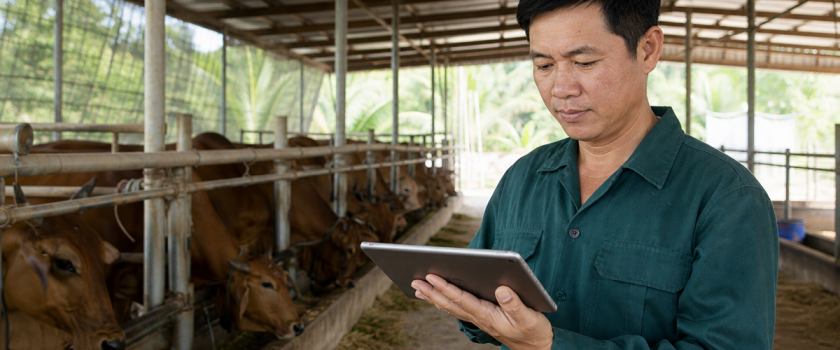 Chủ trang trại xem báo cáo trên phần mềm quản lý trang trại ngay trong chuồng nuôi