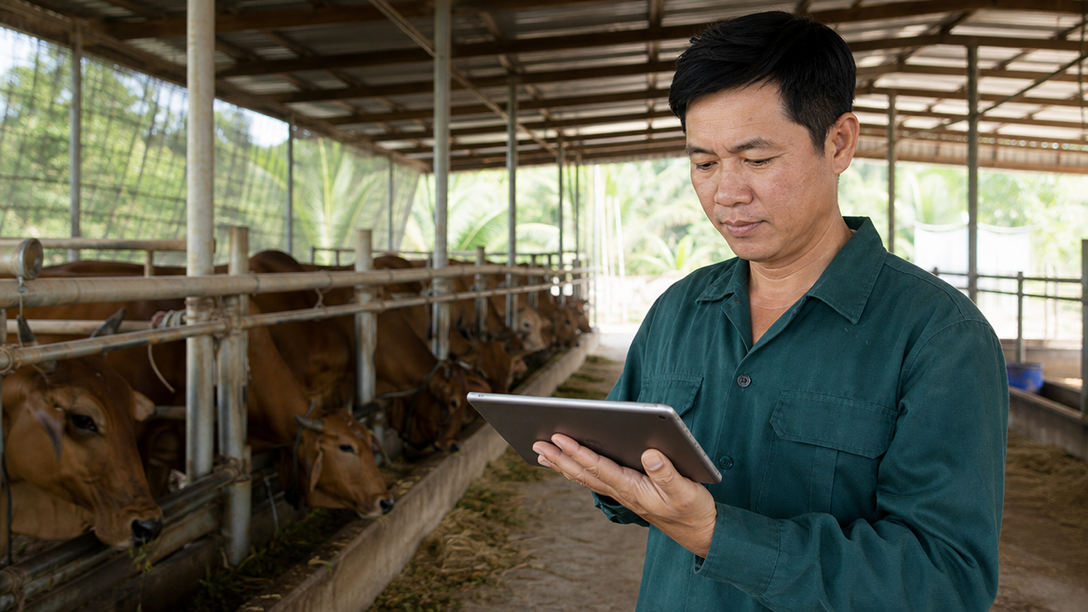 Chủ trang trại xem báo cáo trên phần mềm quản lý trang trại ngay trong chuồng nuôi