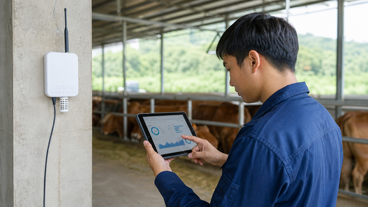 Cảm biến giám sát nhiệt độ kết nối với hệ thống quản lý trang trại trong chuồng nuôi công nghệ cao
