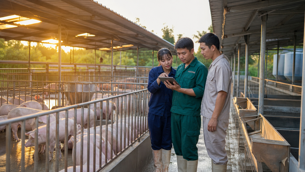 Toàn cảnh trang trại chăn nuôi áp dụng công nghệ số với nhân viên đang kiểm tra hệ thống trên máy tính bảng