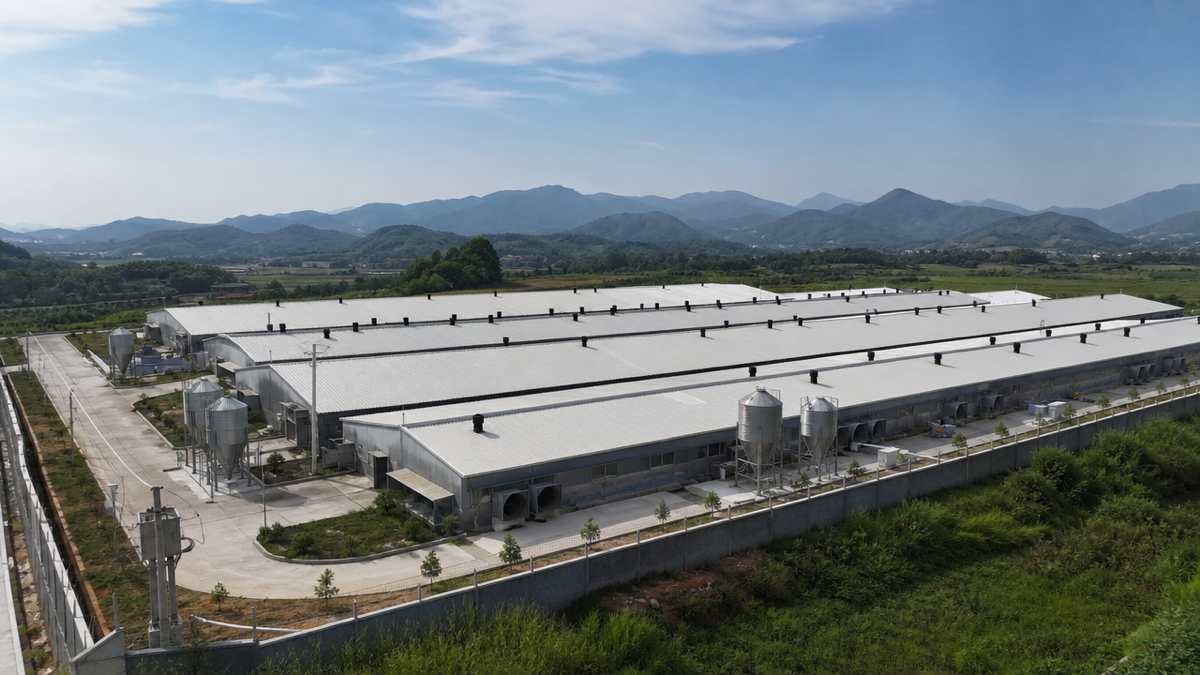 Khu chuồng nuôi khép kín với hệ thống thông gió và silo thức ăn — Ảnh minh họa