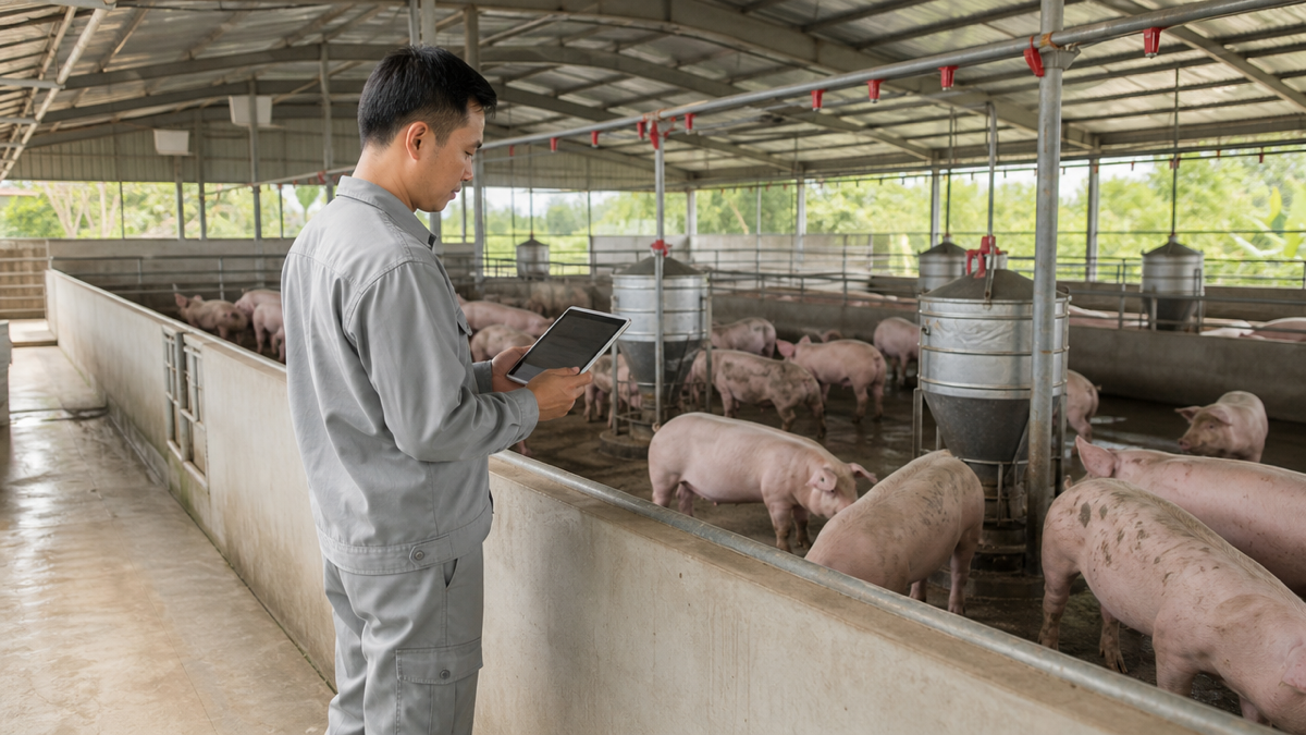 Người quản lý kiểm tra số liệu đàn lợn và lượng thức ăn tại trang trại – Ảnh minh họa