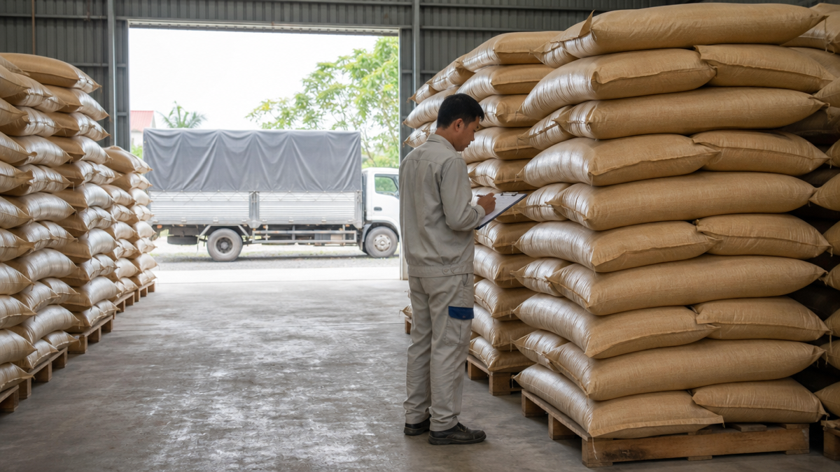 Kiểm tra bao thức ăn và lịch giao nhận tại kho của trại gia cầm – Ảnh minh họa