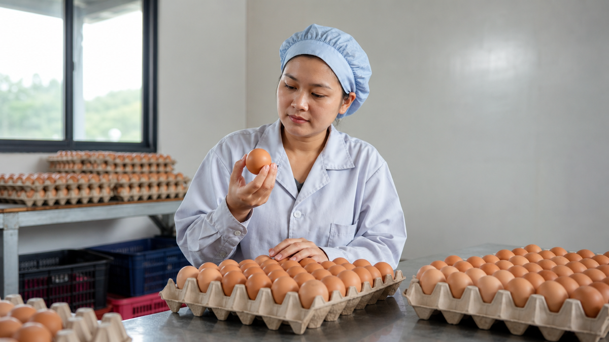 Nhân viên kiểm tra và xếp trứng vào khay tại khu thu gom của trang trại – Ảnh minh họa