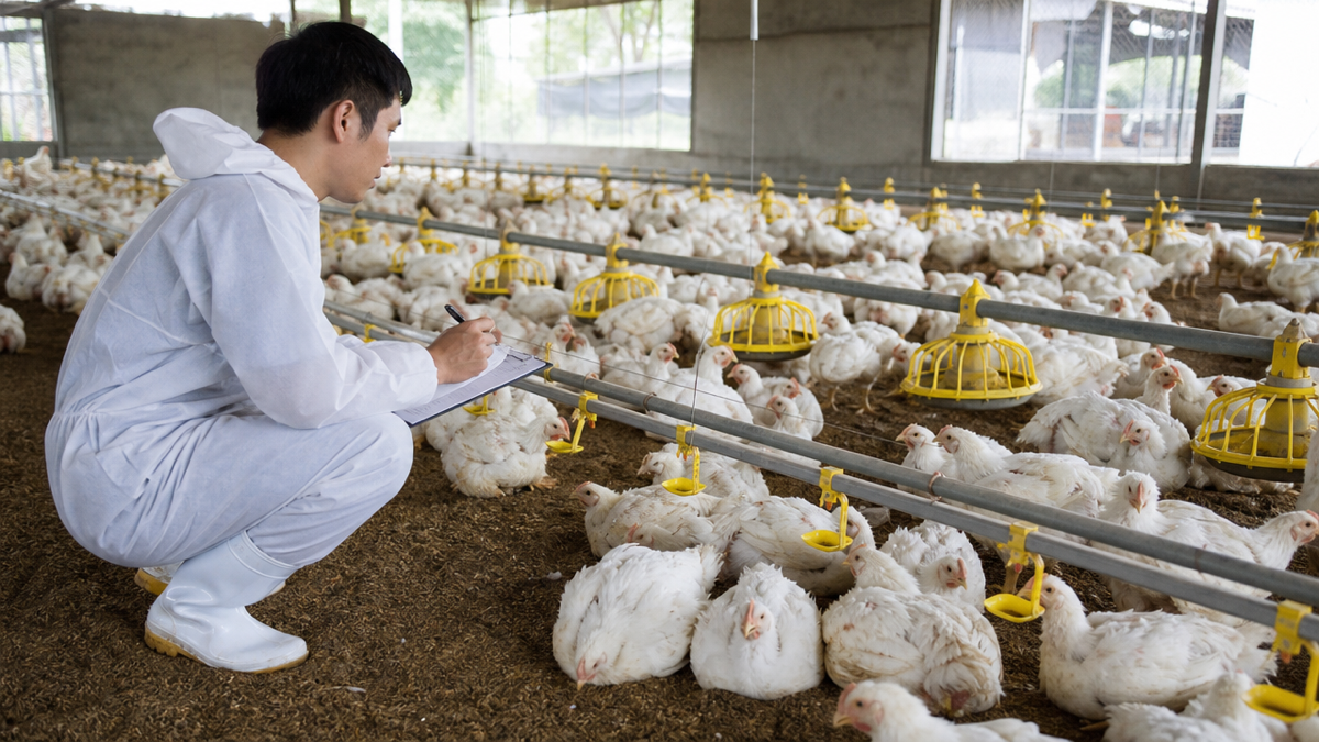 Kỹ thuật viên quan sát đàn gà thịt và ghi chép tình trạng ăn uống trong chuồng nuôi. Ảnh minh họa