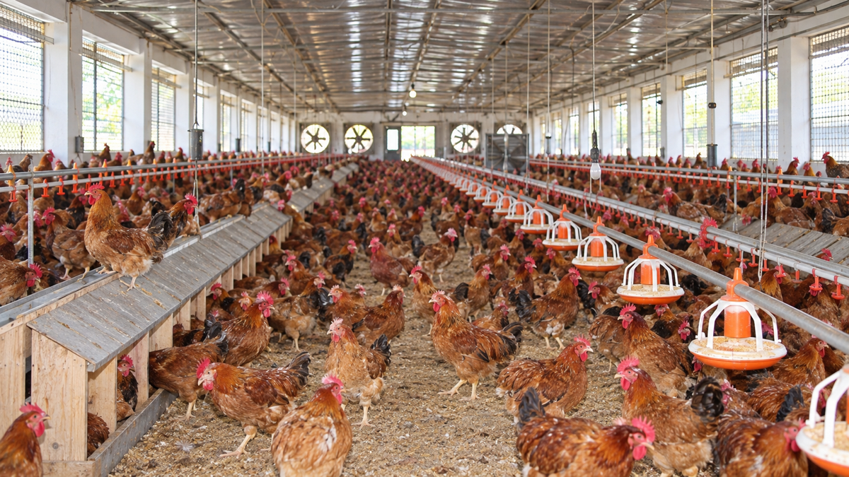Chăn nuôi mở rộng quy mô trong chuồng gà với các dãy máng ăn và hệ thống thông gió. Ảnh minh họa