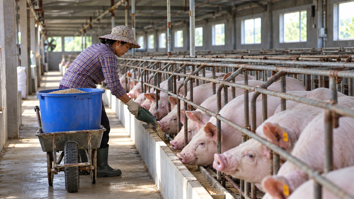 Người chăm sóc cho lợn ăn trong dãy chuồng nuôi. Ảnh minh họa