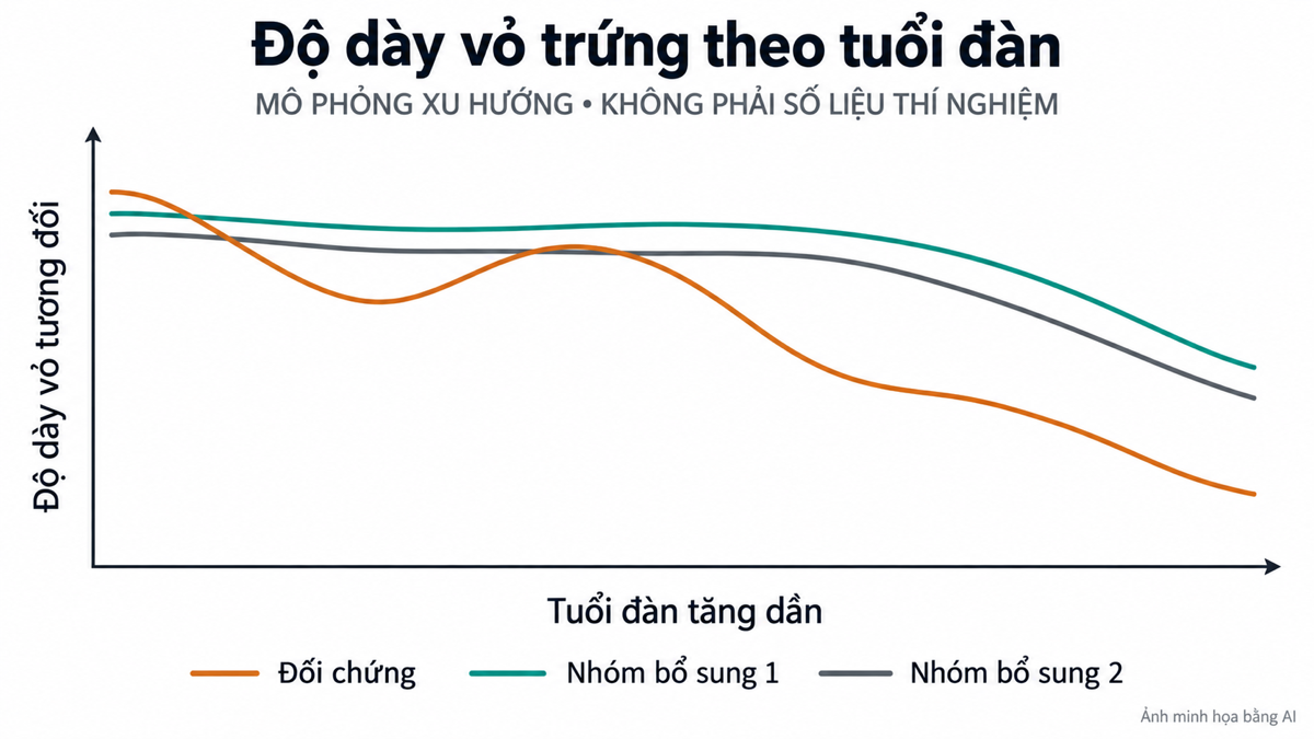 Xu hướng độ dày vỏ theo tuổi đàn được mô phỏng từ hình tham khảo, không biểu diễn số liệu thí nghiệm — Ảnh minh họa bằng AI