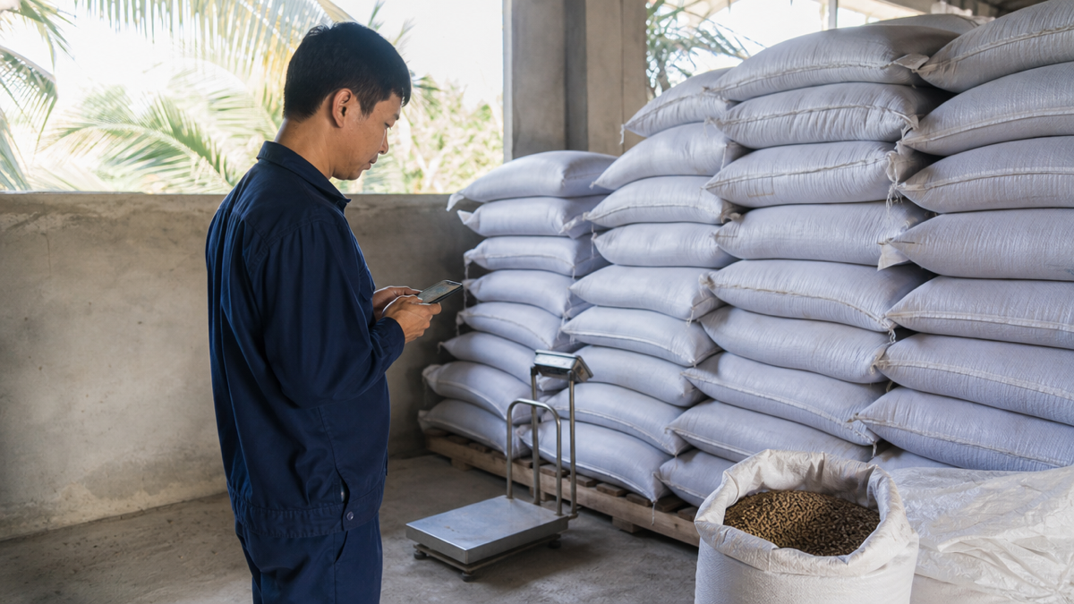 Chủ trại đối chiếu lượng cám tồn kho và đơn hàng trên điện thoại. Ảnh minh họa