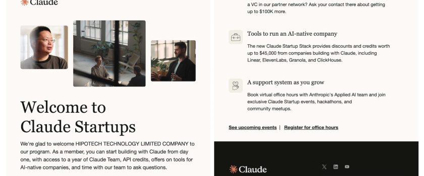 Email xác nhận HIPOTECH là thành viên chương trình Claude Startups của Anthropic ngày 09/10/2026